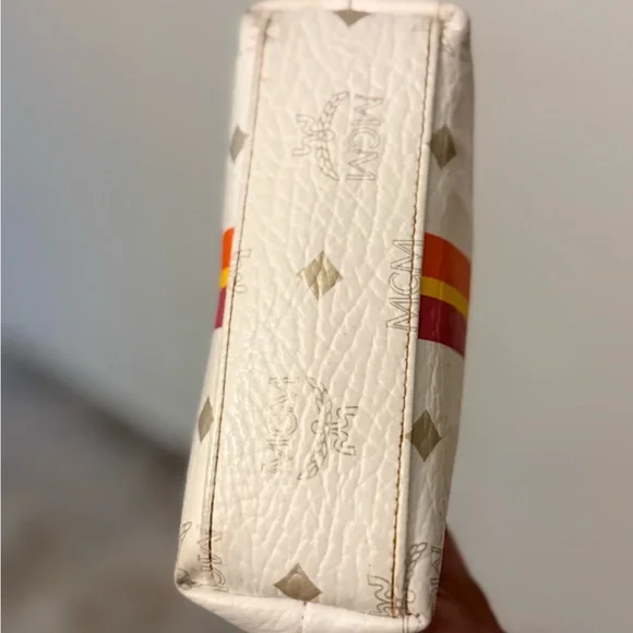 MCM White Leather Cosmetic Pouch with Pink, Orange & Yellow Stripes - Picture 3 of 6